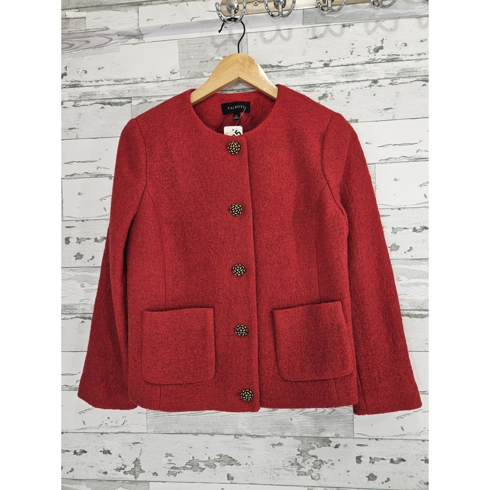 Talbots Red Wool Blend Boucle Jacket Braided Gold Brass Buttons Size 4